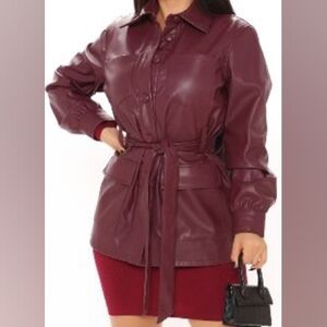 Fashion Nova Women's Faux Leather Jacket with Belted Waist - Burgundy - Size XS
